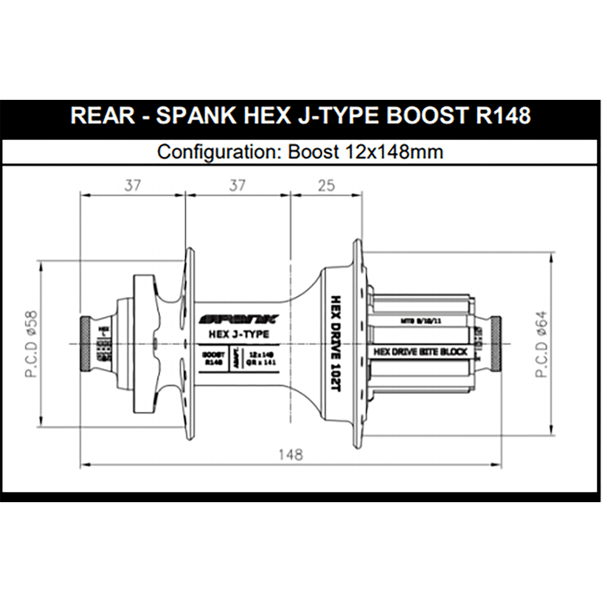 Hinterradnabe SPANK HEX DRIVE 102T 12x148 mm Boost