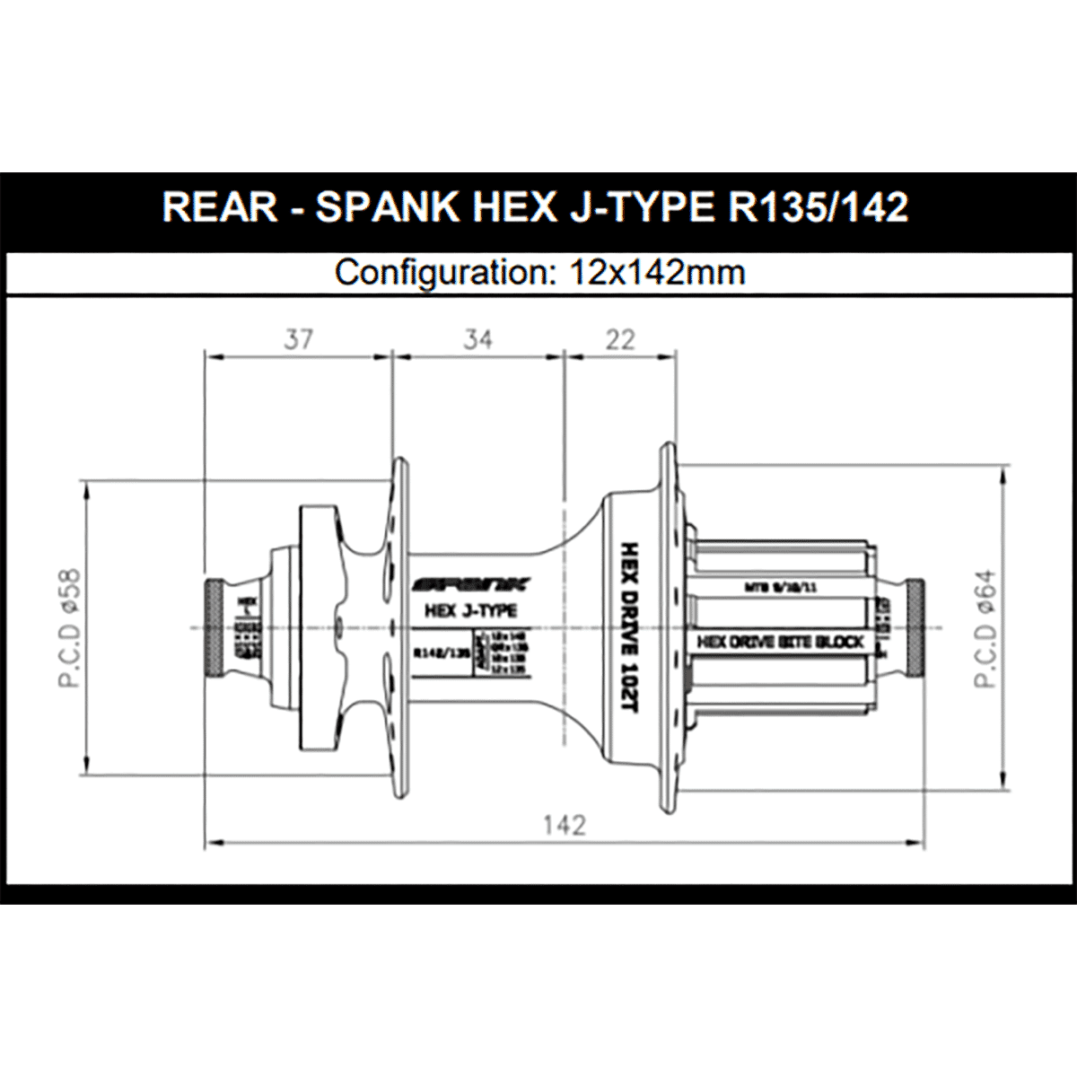 Hinterradnabe SPANK HEX DRIVE 102T 12x135/142 mm