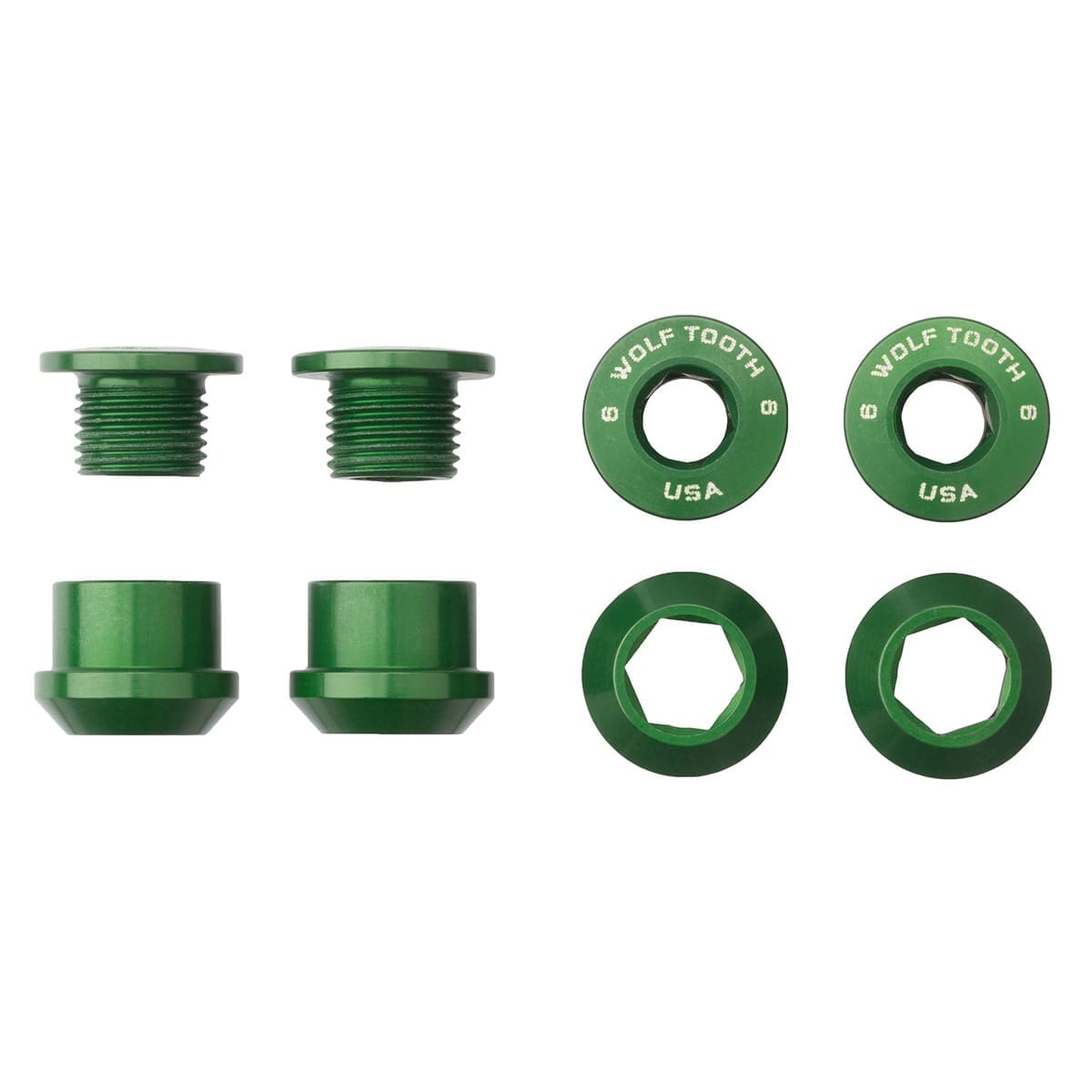 Set 4 Schrauben und Einpressmuttern M8x6 mm WOLF TOOTH Antrieb 1X Grün