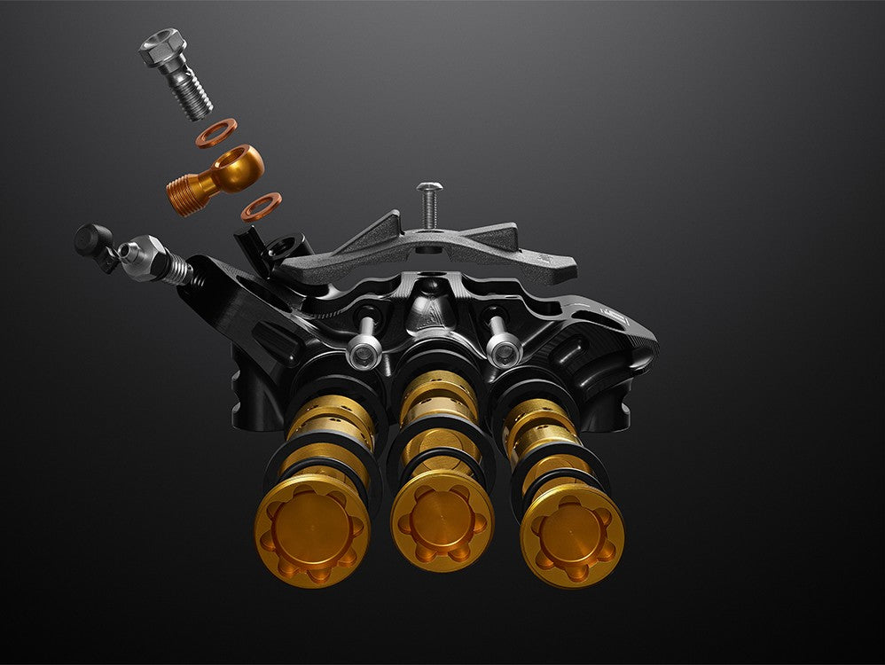Bremsenpaar HOPE TECH 4 EVO V6Ti mit schwarzer Bremsleitung – limitierte Edition in Schwarz/Gold