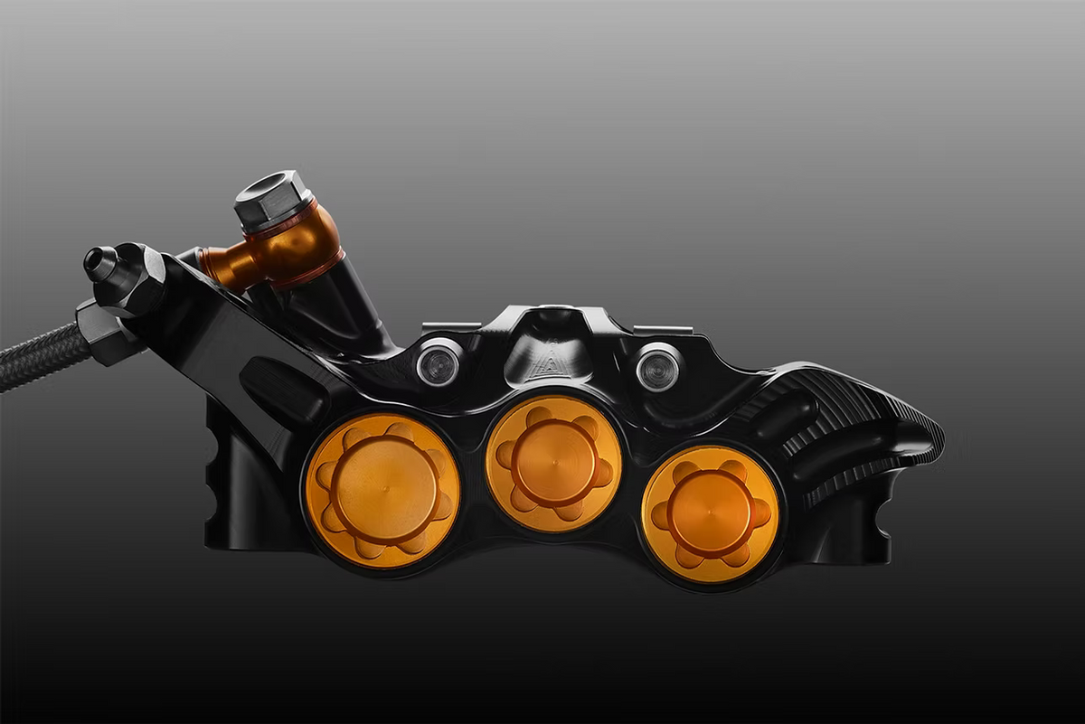 Bremsenpaar HOPE TECH 4 EVO V6Ti mit schwarzer Bremsleitung – limitierte Edition in Schwarz/Gold
