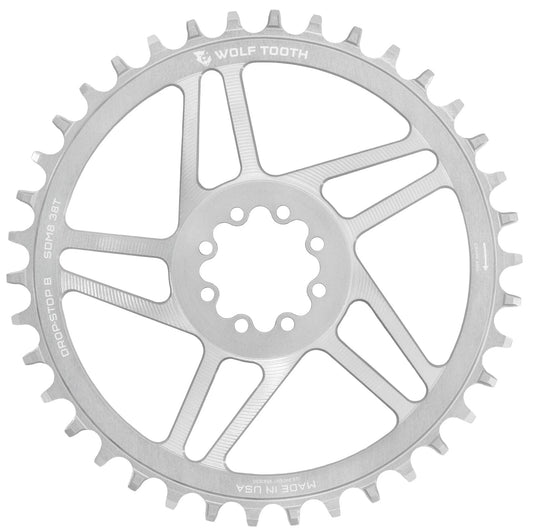 Mono-Kettenblatt WOLF TOOTH DROP-STOP B GRAVEL DM 8 Schrauben Sram Raw Silver